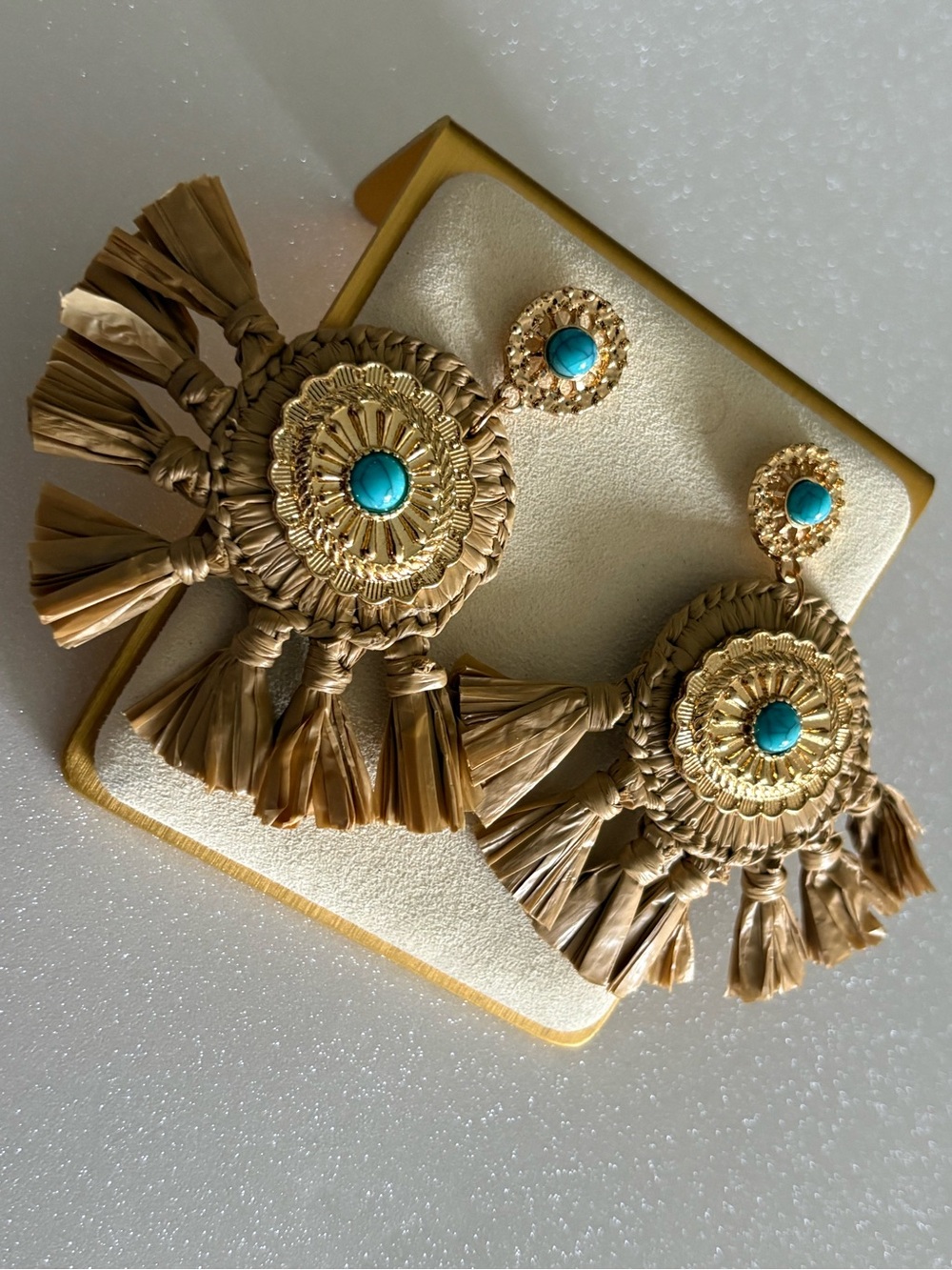 Gold-Tone Raffia Fringe Earrings with Turquoise Accent - Women Jewelry